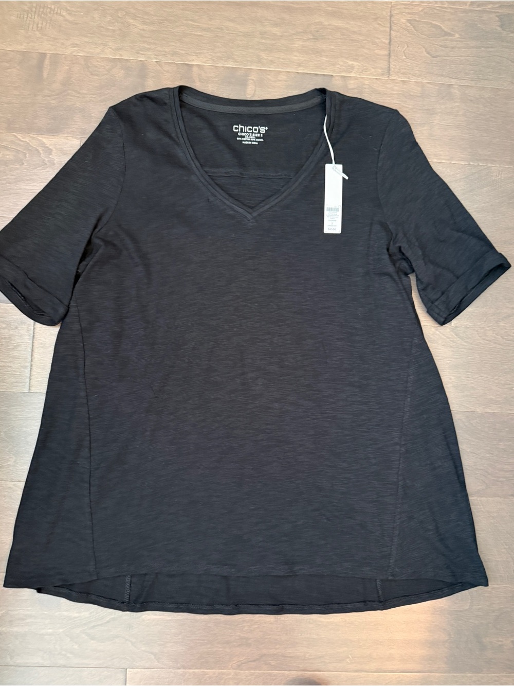 NWT Chico's Cotton Slub Seamed Black V-Neck Short Sleeve Elbow Tee L Chicos 2